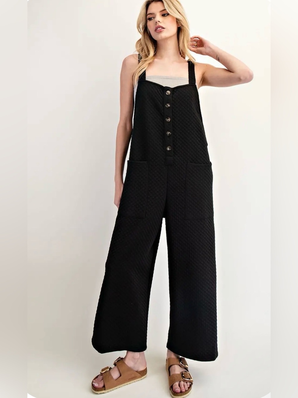 eesome Black Quilted Wide-Leg Button Jumpsuit